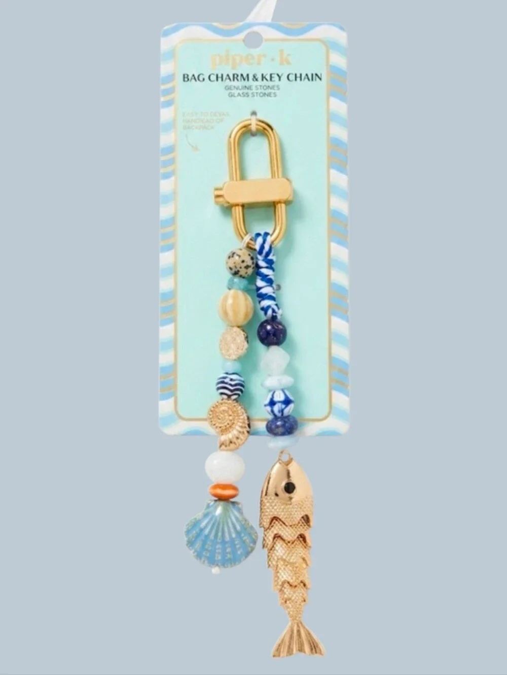✨️▪️piper K ▪️ Blue & Gold Beaded Fish and Shell Key Chain Charm